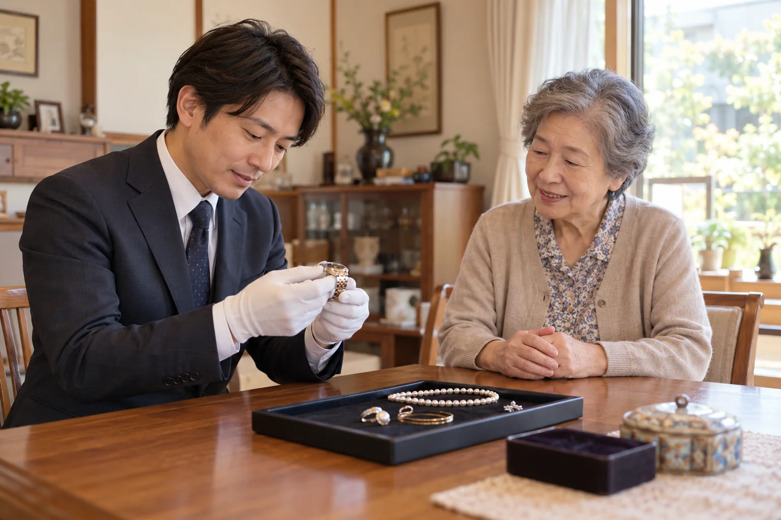 ご自宅のテーブルで、スタッフと年配のお客様が品物について相談するイメージ