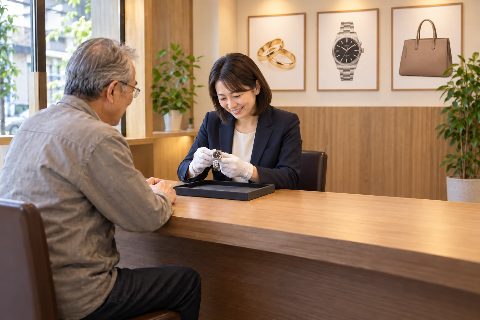 指輪・時計・バッグの買取品目がわかる案内を背景に、女性スタッフが年配のお客様の腕時計を査定するイメージ